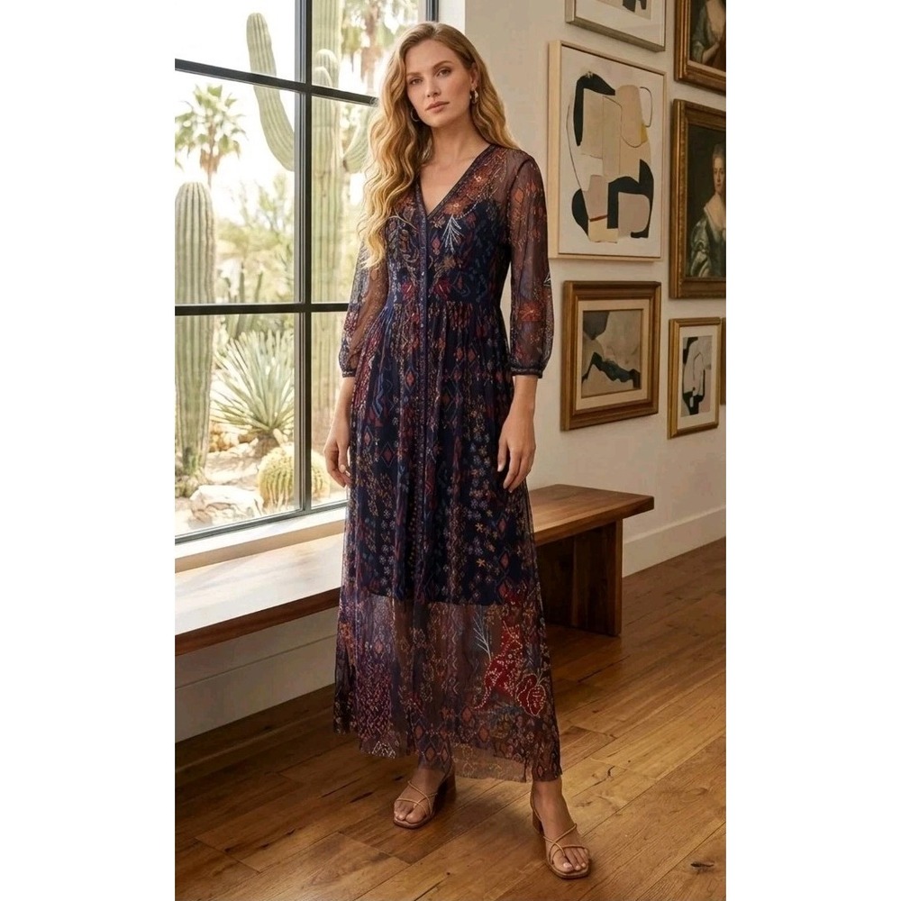 NWT Johnny Was Sz S Theia Mesh Maxi Slip Dress Embroidered Boho Whimsigoth $398